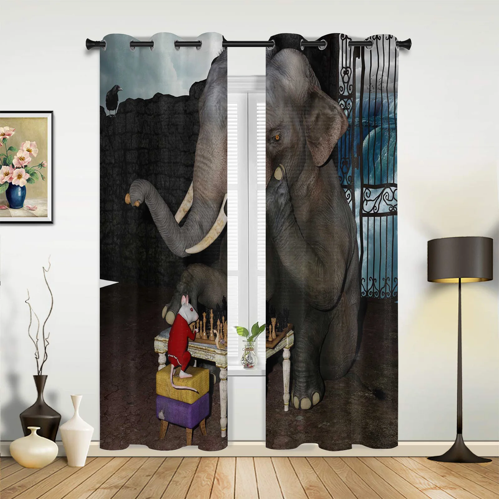 Modern Curtains Elephant Mouse Playing Chess Baby Room Bedroom Creative Curtains Kitchen Living Room Terrace Valance Curtains