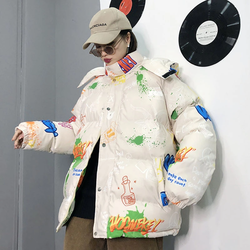 Down Cotton Jackets Hooded Female Thick Warm 2022 Graffiti Print Streetwear Winter Jacket Women Loose Coat