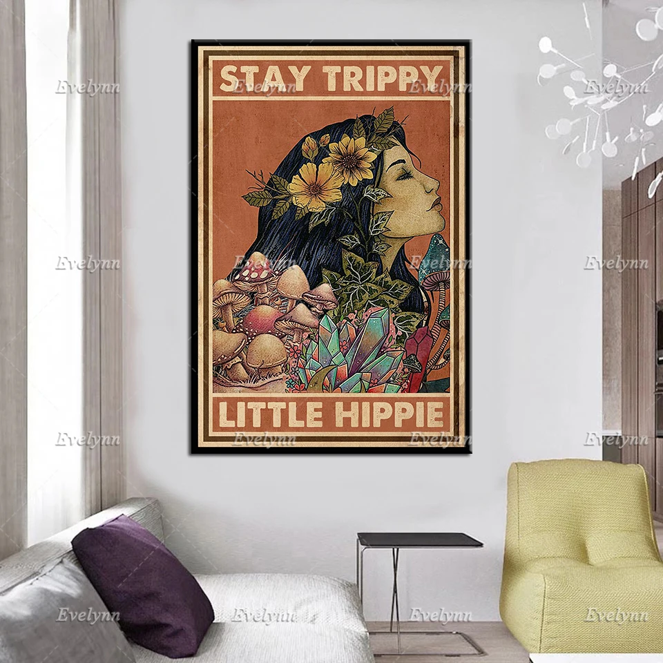 Mushroom Hunting Girl Retro Poster Stay Trippy Little Hippie  Wall Art Prints Home Decor Canvas Unique Gift