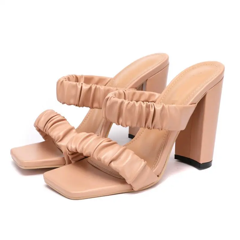 2021 New Fashion Square High Heels Women Summer Shoes Sexy Open Toe PU Pleated Lazy Slippers Shallow Slip-On Solid 35-42