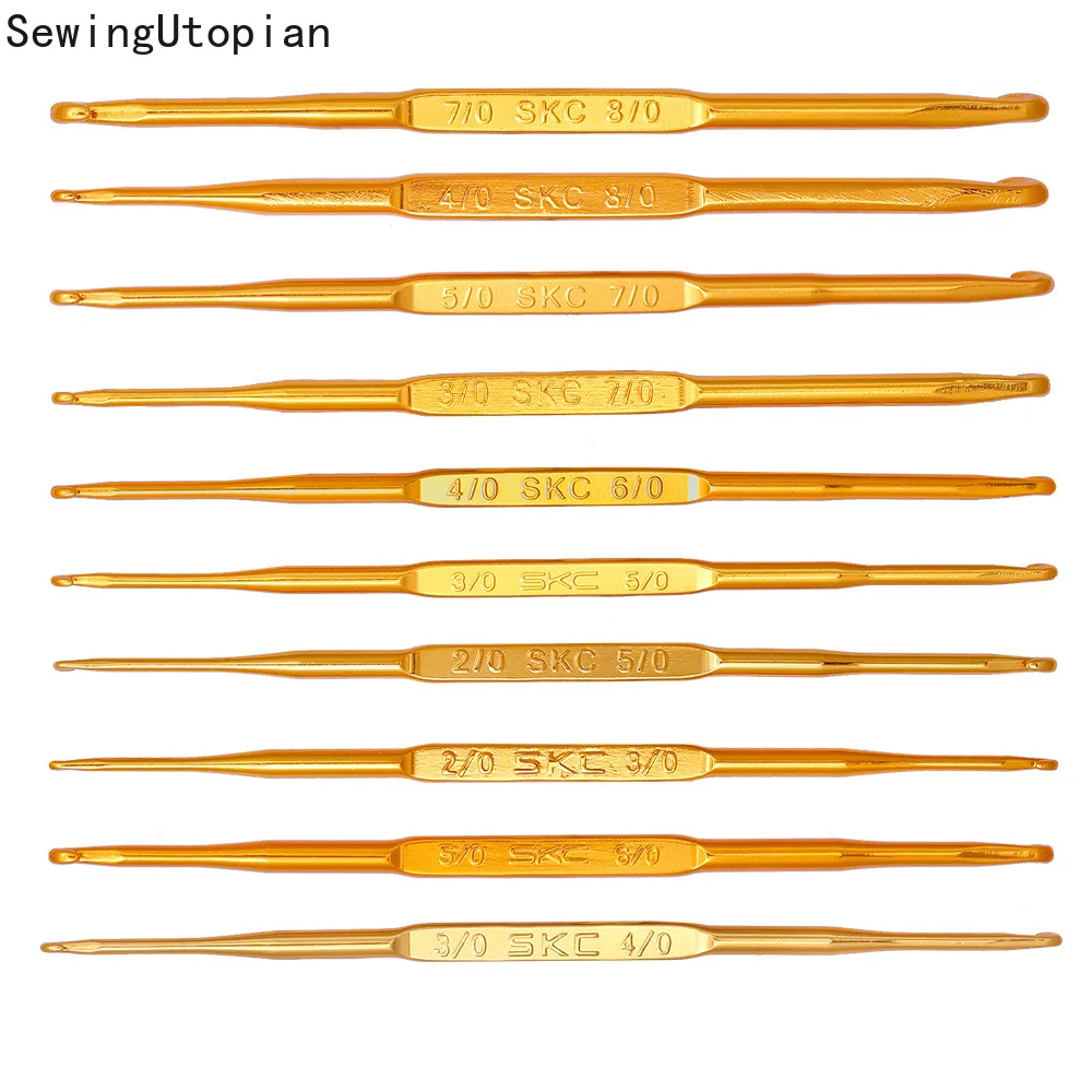 10PCS Golden Alumina Double End Crochet Hook Knitting Needle Set Weave Craft Sweater Knitting Metal Handle Craft Needles 2-8MM