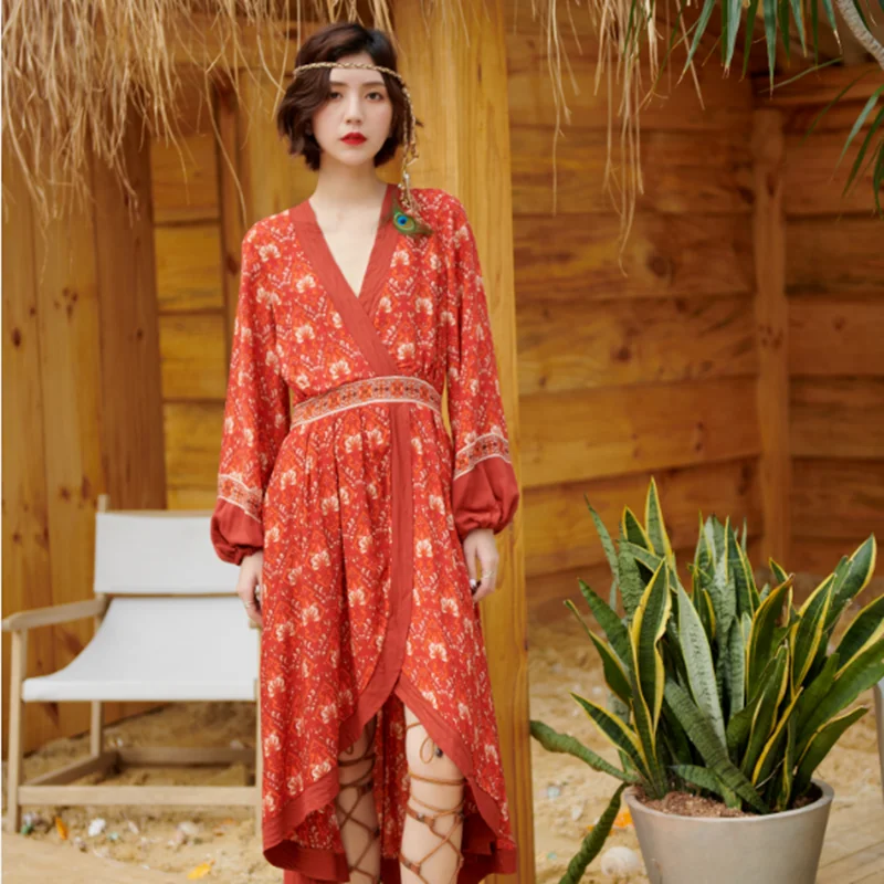 

Summer Dress Woman 2020 New Long Beahc Dresses Lantern Sleeve Vintage Printed Loose Boho Dress Bohemian Dress For Women DD2503