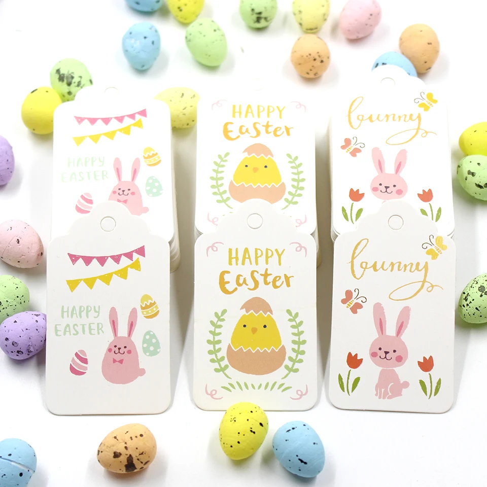 50PCS Easter Rabbit Kraft Paper Tags With Rope Kids Gift Labels DIY Craft Hanging Ornaments Package Tag Supplies Decorations