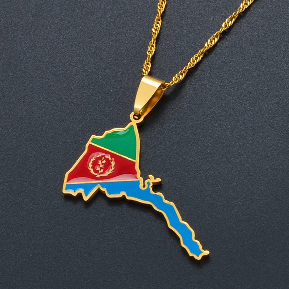 Anniyo Eritrea Map Flag Pendant Thin Necklaces for Women Girls Gold Color Jewelry African Map of Eritrean #136821