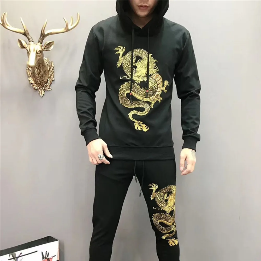 Hooded 2 Luxury Piece Set Sweatshirt And Pants Suits Sets Jogging Homme Black Men's Set Casual Embroidery Dragon Mens Tracksuit