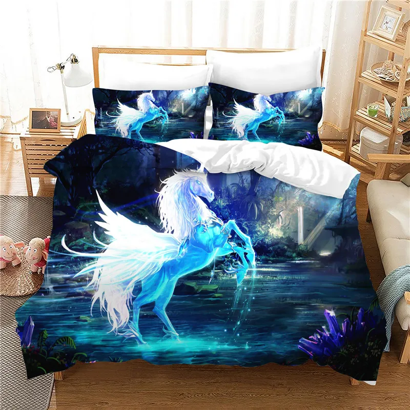 Cartoon unicorn duvet cover set queen size kids bedding set with pillowcase 3D unicorn bed set comforter set bed linen