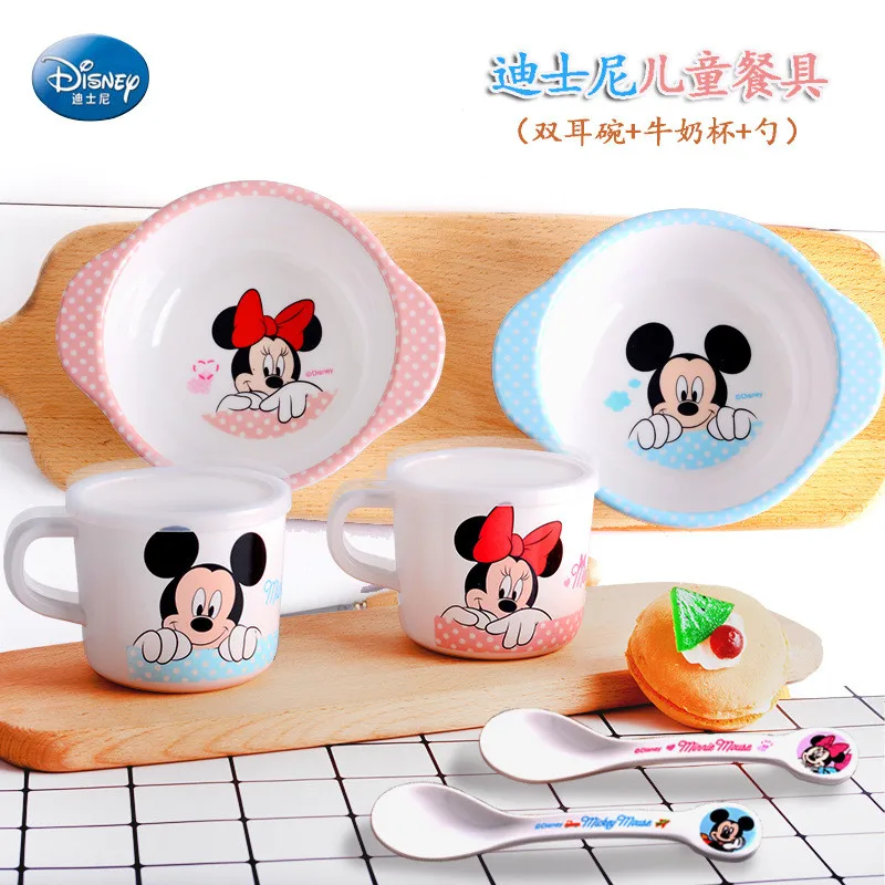 

Disney Mickey baby cup sets Minnie solid feeding bowl spoon mug sets Children eat independently bowl set kids tableware for7m+