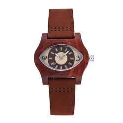 Creative Eye Shape Women Ladies Watch Simple Wood Leather Band Quartz Wrist Watch  horloges relojes mujer montres for gift