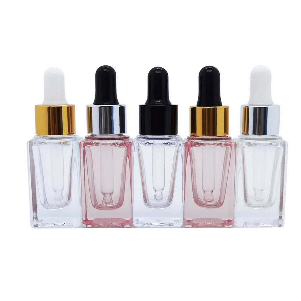 

5pcs/lot 10ml Rose Gold Clear Dropper Bottle Square 1/3oz Glass Vial Silver Gold Cover Liquid Reagent Pipette Bottle