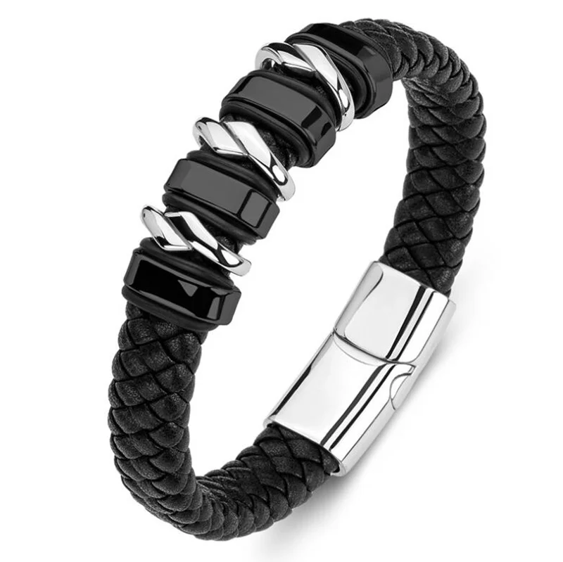 Classic Leather Braided Magnetic Metal Buckle Bracelet Punk High Quality Men\\'s Casual Business Bracelet Jewelry Gift