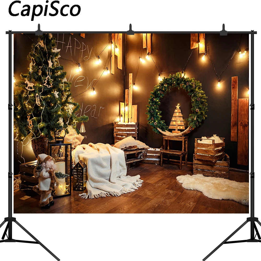 Capisco Christmas Backdrop Photography Star Tree Bulb Light Wood Floor Carpet Baby Party Photo Background Photocall Studio Props