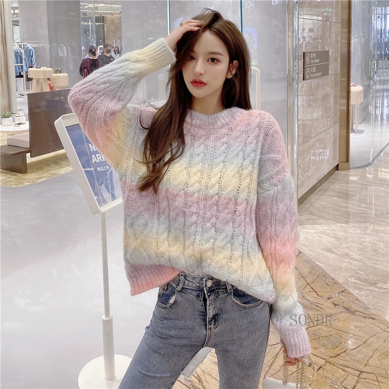 

Women's Gradient Rainbow Striped Sweater, Twist Knitted Pullovers, Ladies Knitwear Fashion Tops, Autumn, Winter, 2024