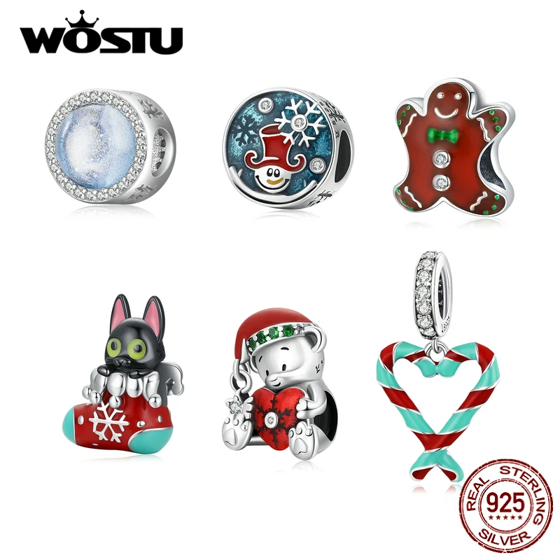 WOSTU 925 Sterling Silver Christmas Bear Cat Stocking Charms Beads Pendant Fit Original Bracelet Necklace For Women Jewelry