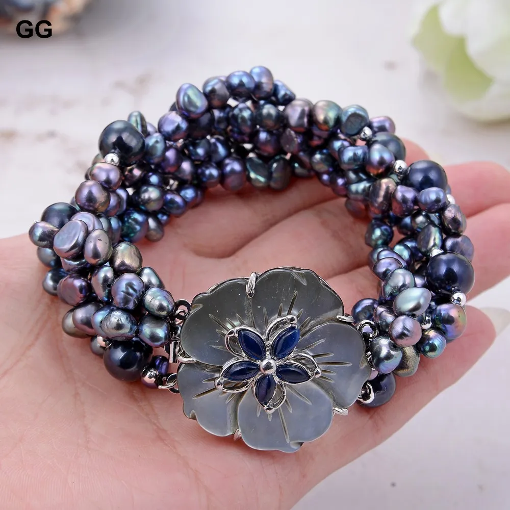 

GuaiGuai Jewelry 6 Strands Natural Black Baroque Keshi Pearl Bracelet For Women