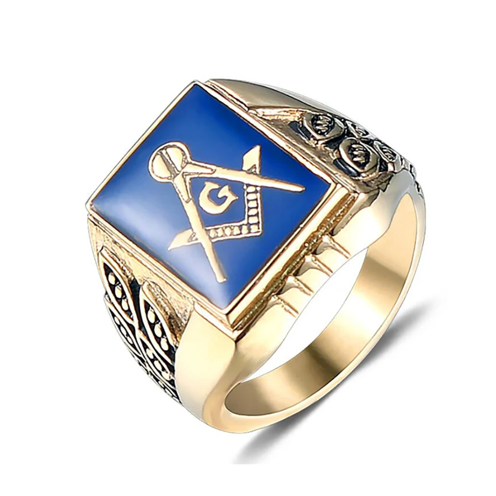 Stainless Steel Punk Rock Gold Freemasonry Masonic Men Rings Jewelry Blue Enamel Brother Ring Masonic Gift For Him Size 8-15