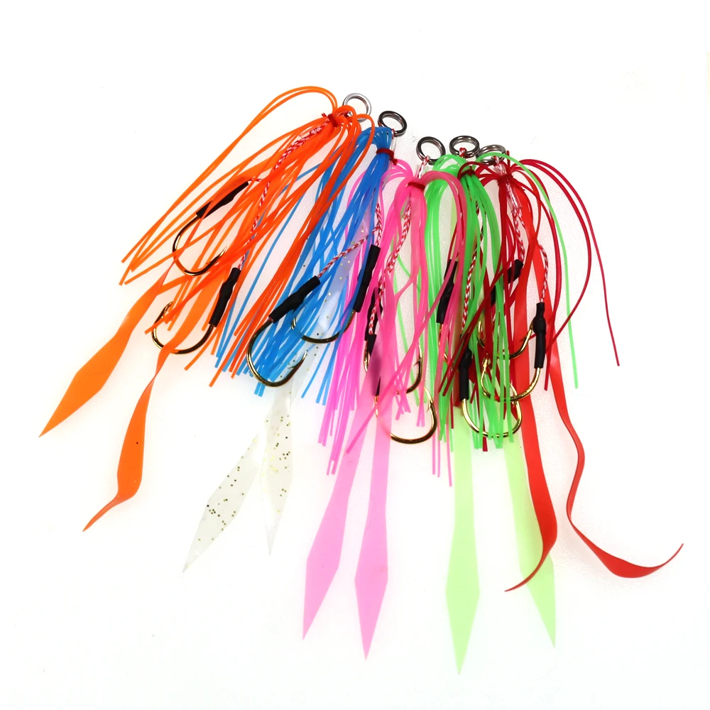 10pcs Saltwater Silicone Skirt Jig Octopus Trailer Lure with #13 Twin Hook Replacement Fishing Slider for Aqurbber Rig