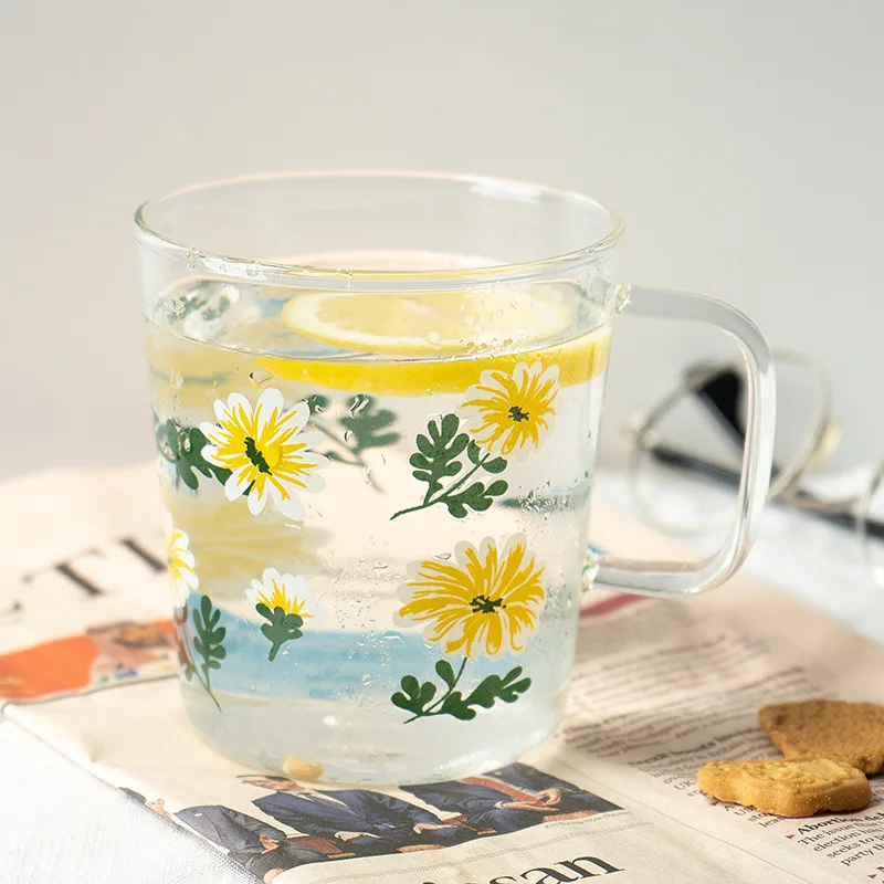 

Yellow Daisy Glass Cup with Handle, Heat-Resistant, Single Layer, Retro Teacup, Breakfast Espresso Coffee Cup, Vintage Milk Juic