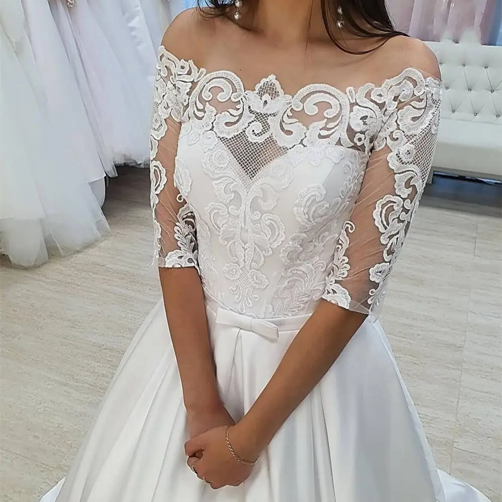 Vestido de noiva linha a com gola curta, apliques de renda meia manga cetim branco brilhante feito sob encomenda