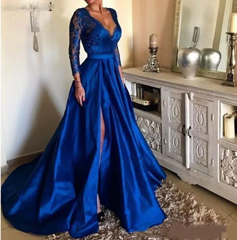 Royal Blue Sexy Deep V Neck Prom Dresses A Line Long Side Split Lace Appliques Elegant Evening Gowns Wear Party Dress