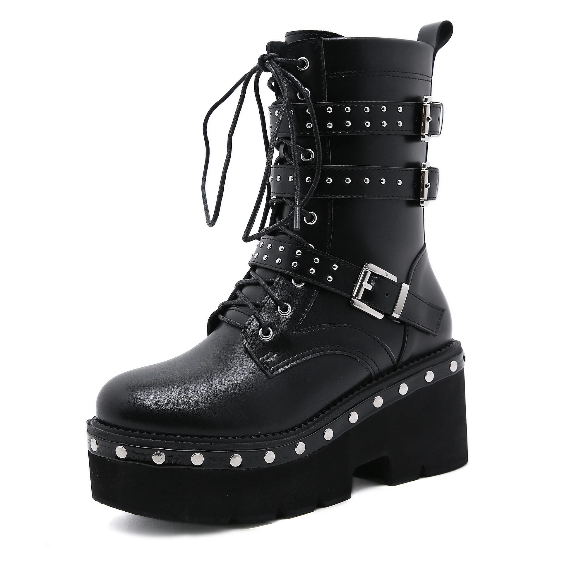 Punk Women Ankle Motorbiker Boots Rivet Platform Corss Tie Low Flat Buckle Decoration Rubber Sole Zip Cool Ladies Shoes Female