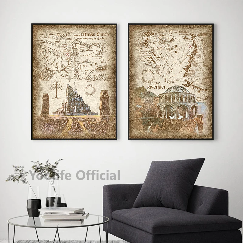 Tolkien Middle Earth Retro Travel Map Wall Art Canvas Painting Prints Fantasy Literature Movie Poster Wall Pictures Home Decor