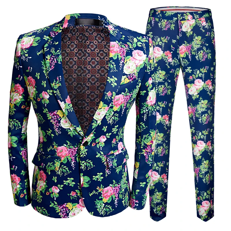 New Design Men\'s  Pink Floral suits Stage Singer Wedding Groom Tuxedo Costume Men\'s Blue Wedding Suit High Quality Prom Dress