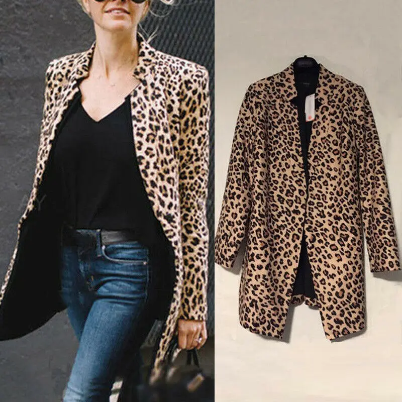 Women Leopard Cardigan Jacket Sweater Top Warm Casual Winter Long Sleeve Coat