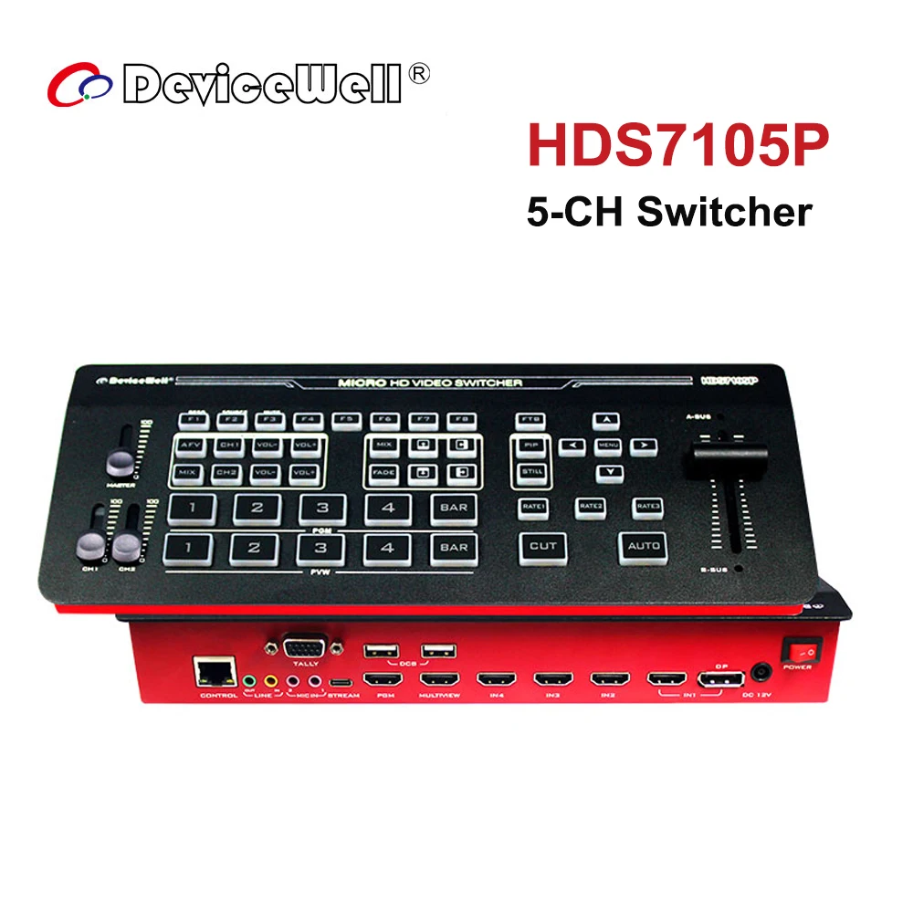 DeviceWell HDS7105P 5-CH Micro HD Video Switcher Control Panel  4*HDMI-compatible 1*DP Switcher for New Media Live Broadcasts