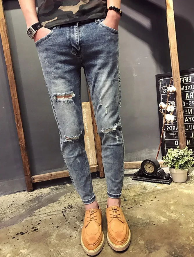 

2022 Wholesale Teenagers Denim Jeans Men's Trendy Brand Cropped Pants Korean Hole Social Guy Harem Slim Trendy Pencil Pants