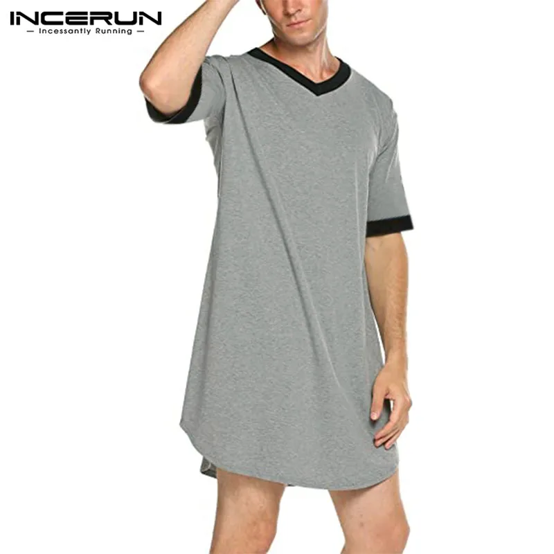 INCERUN Mens Camicia Da Notte di Modo Della Rappezzatura Sonno Robe Indumenti Da Notte di Colore Solido Uomo Manica Corta Accappatoio Allentato Con Scollo A V Indumenti Da Letto S-5XL