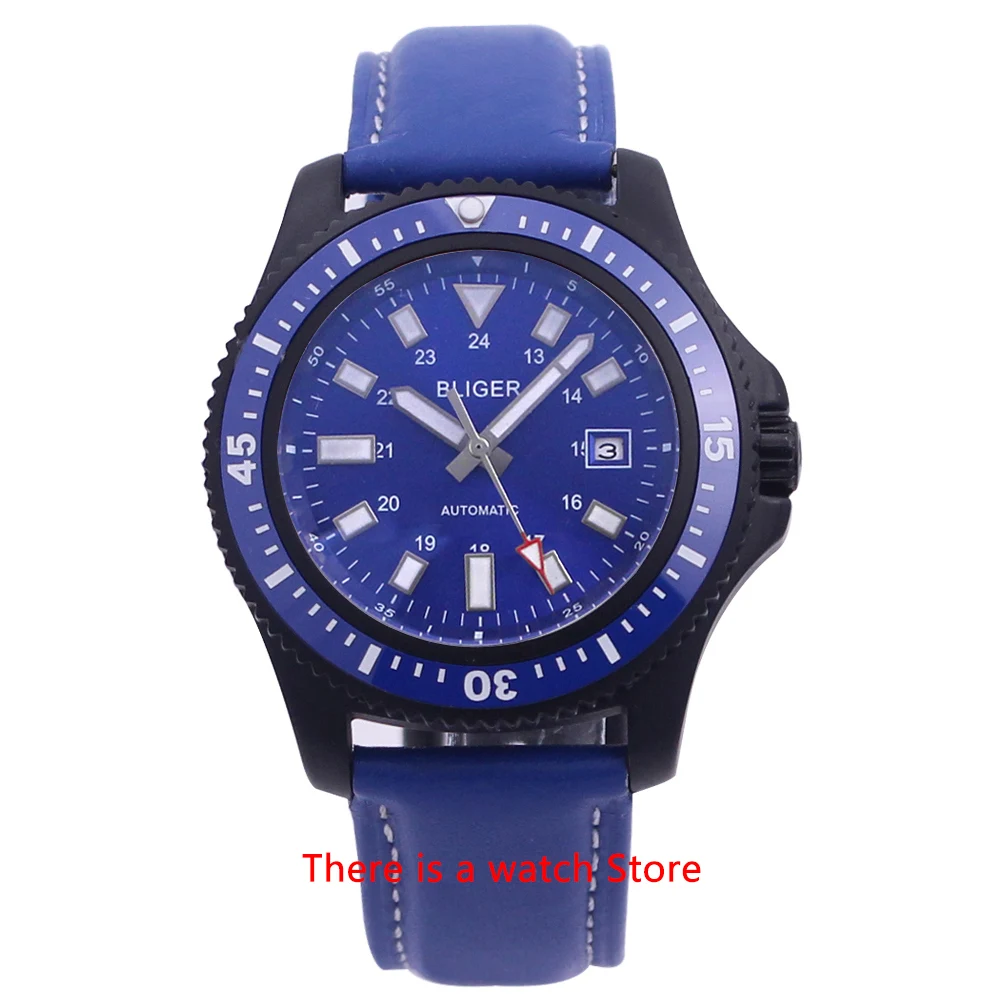 

Bliger 44mm Automatic Mechanical Watch Men Blue Dial Luxury Brand Luminous Waterproof Leather Strap Calendar Wristwatch Men