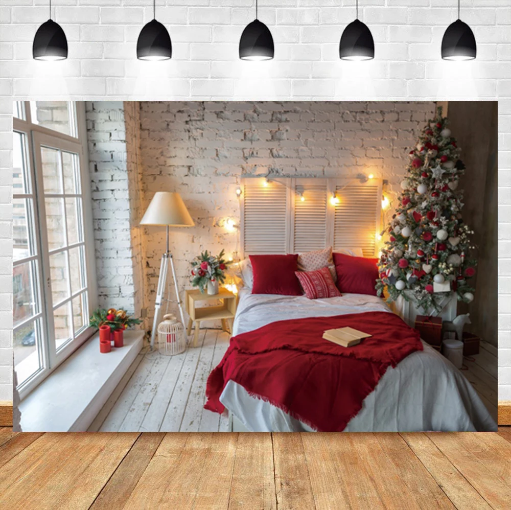 Laeacco Christmas Photo Background Brick Wall Tree Bedroom Decoration Backdrop Photographic Photo Background For Photo Studio