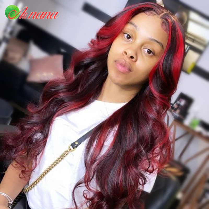 

13x6 Lace Front Wigs With Baby Hair Red Highlight Color Pre-Plucked Peruvian Remy Human Hair Wig For Women 13x4 Lace Frontal Wig