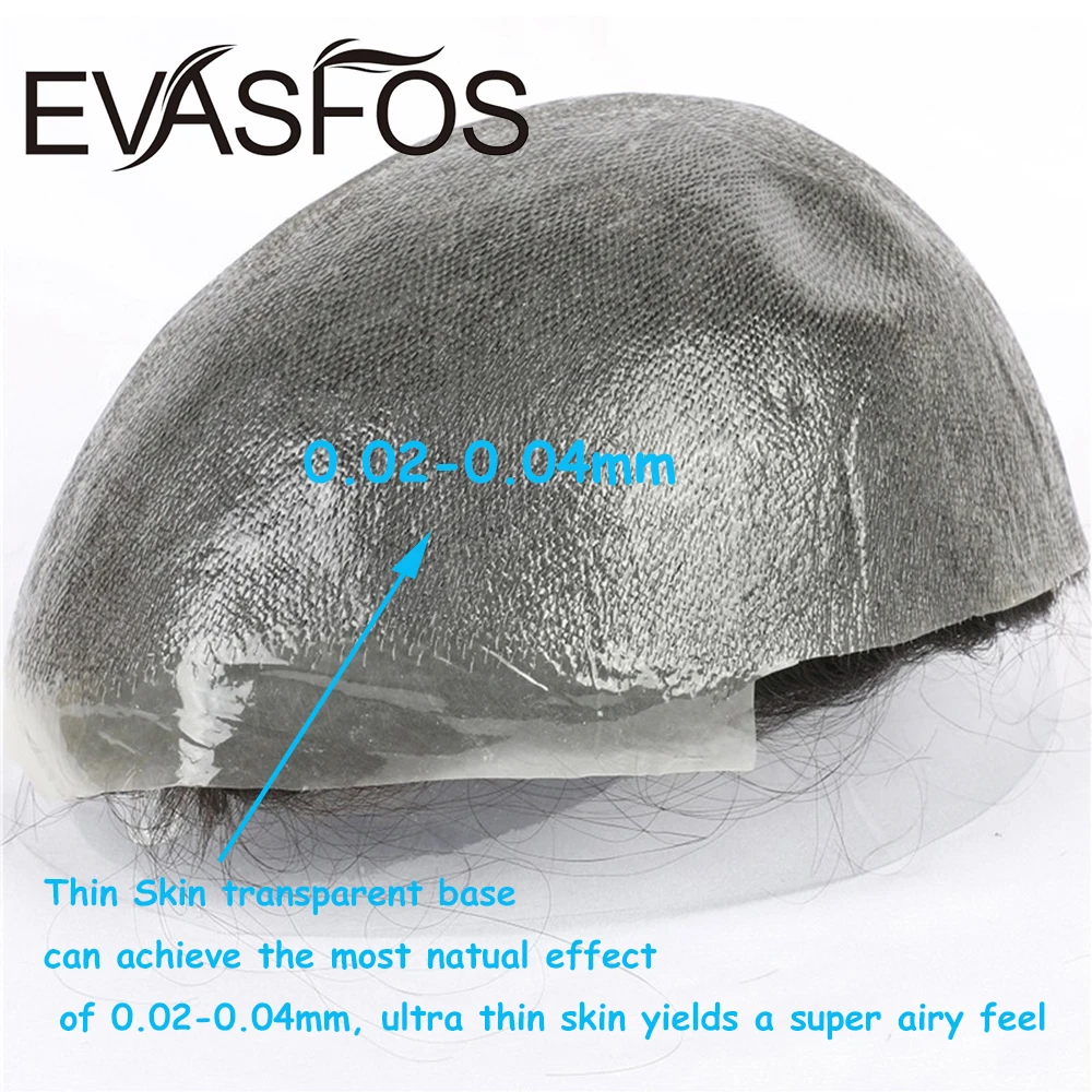 EVASFOS 0.02-0.04mm Super Thin Skin Men's Toupee Natural European Human Hair Male Wig Prosthesis Hair System For Men