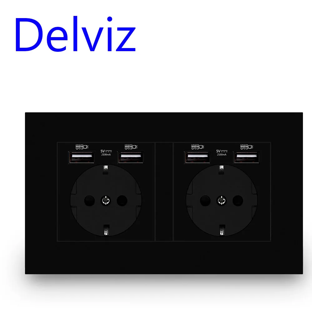 Delviz Wall USB listwa sieciowa, czarny panel interfejs ładowarki, AC 110 ~ 250V 146mm * 86mm, 16A podwójna ramka Standard ue gniazdo USB