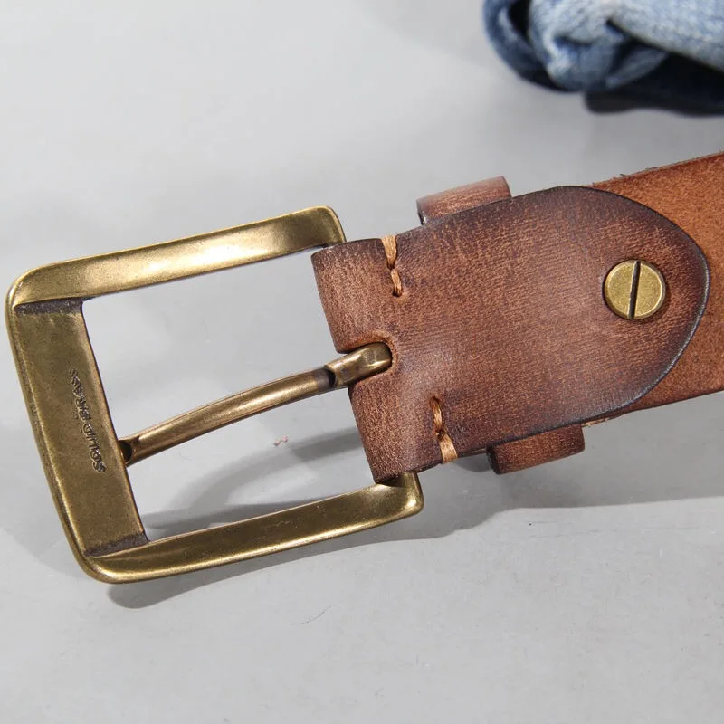 Vintage Luxury Handmade Leather Copper Buckle Man\'s Belt Cinturon Gotico Cowhide Retro All-match Casual Jeans Soft Belt ABC