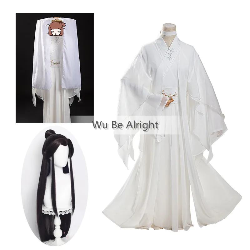 Xie Lian Anime Cosplay Costume Tian Guan Ci Fu Cosplay Xielian wigs Bamboo Hat Prop White Han Fu Anime Outfit