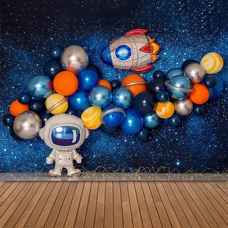 Outer Space Astronaut Galaxy Themed Balloon Garland Kit Chrome Silver Astronaut Roket Balloon Arch Themed Boys' Birthday Party