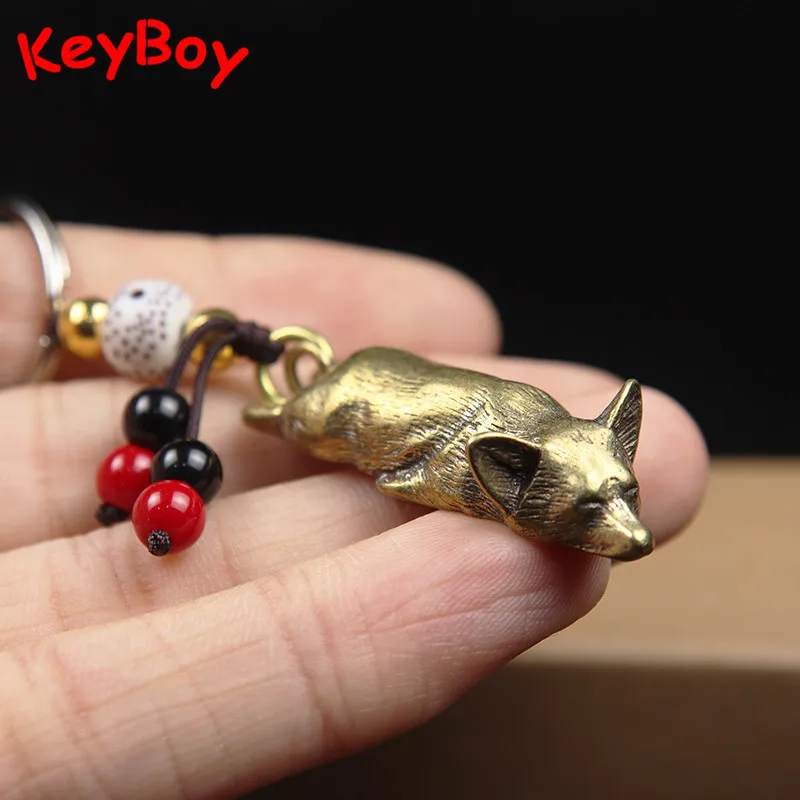 Pure Brass Cute Corgi Dog Key Chain Pendant Vintage Metal Copper Zodaic Animal Sleeping Puppy Figurines Keychain Hanging Jewelry