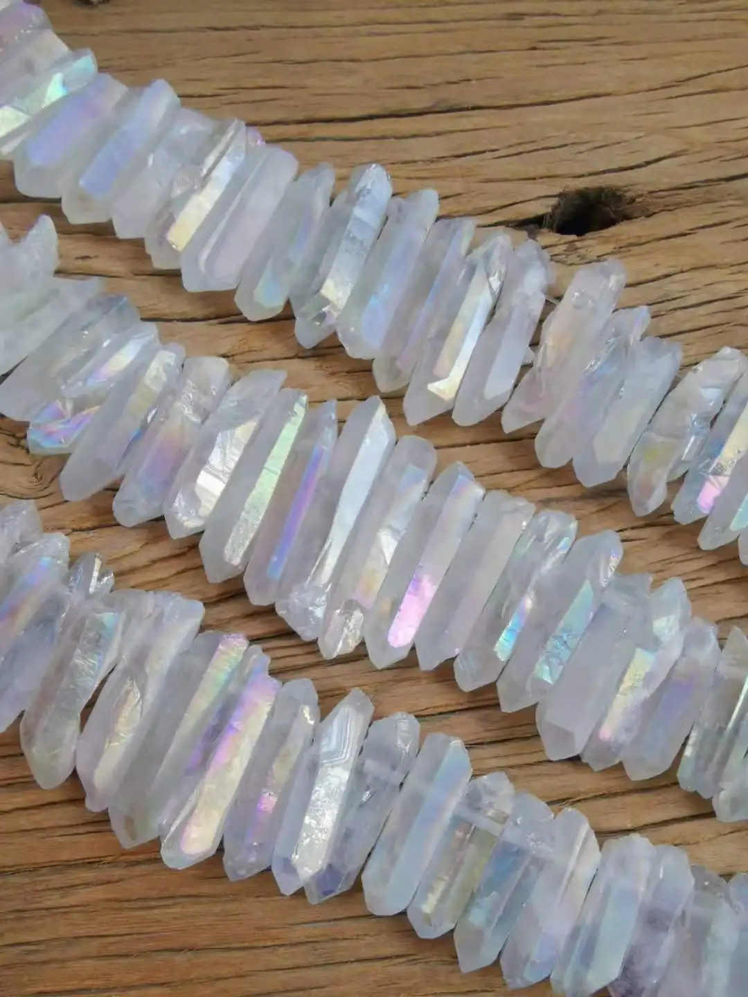 48Pcs/Strand Slab Rainbow Crystals Stick Points Beads Bulk,Drilled White Mystic Titanium Quartz Pendants