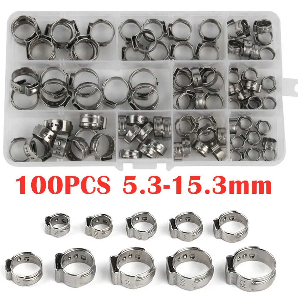 100PCS Single Ear Stepless Hose Clamps 5.3-15.3mm 304 Stainless Steel Hose Clamps Cinch Clamp Rings for Sealing Kinds of Hose