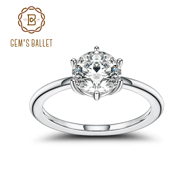 

GEM'S BALLET 925 Sterling Silver Fine Jewelry Six Prongs 2.0Ct 8mm EF Color Moissanite Solitaire Engagement Rings For Women