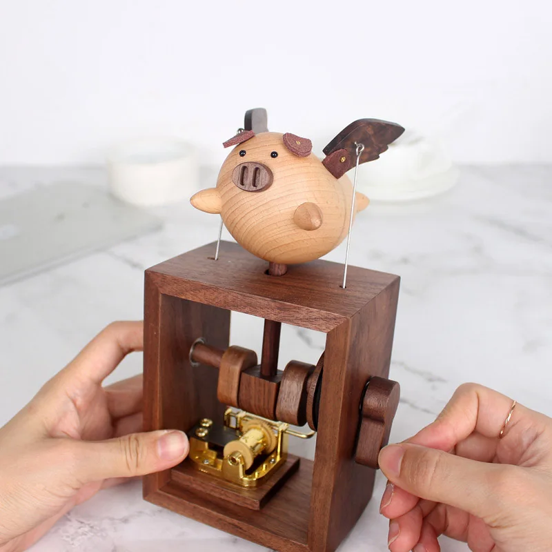 

Wooden Music Box Flying Piggy Hand-operated Type Black Walnut Beech Wood Furnishing Ornaments Home Decor Creative Birthday Gifts