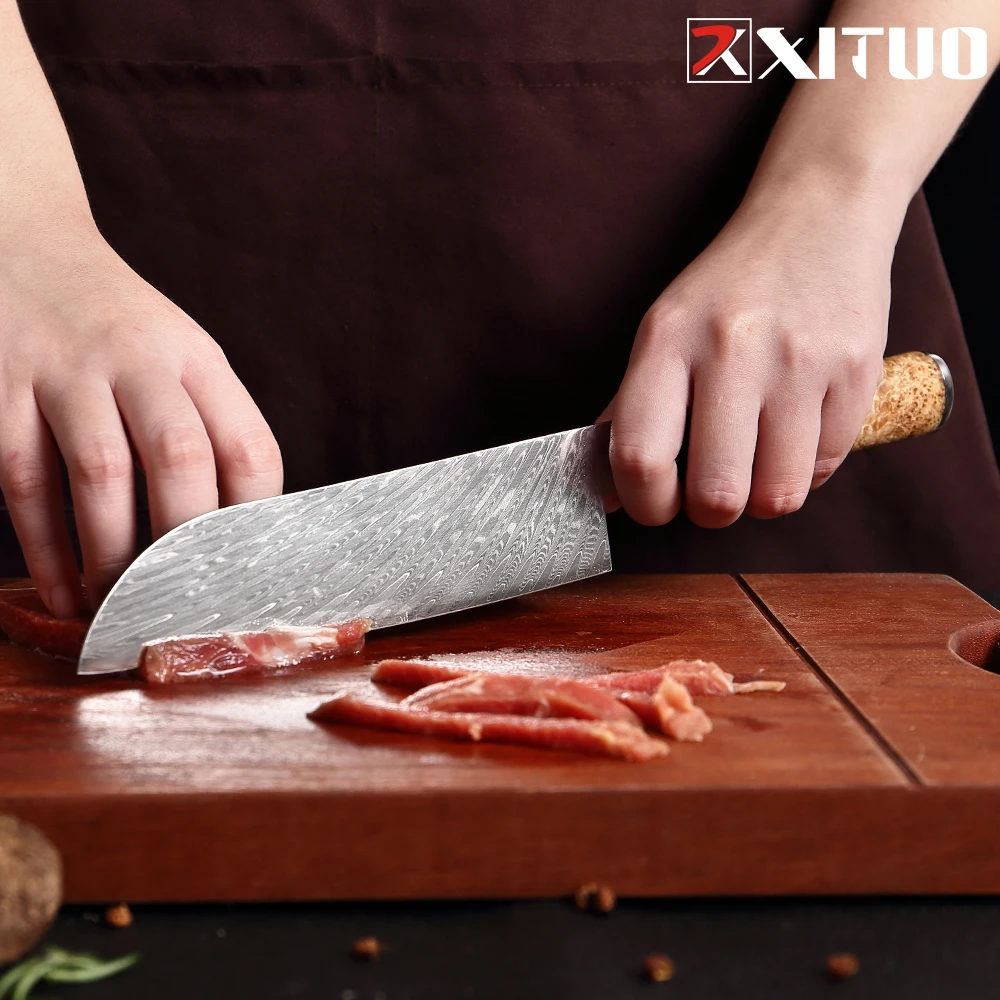 XITUO Damascus Steel VG10 Santoku Knife Chef Knife Raw Fish Fillet  Fish Kitchen Knife Blue Resin Color Wood Handle Cooking Tool