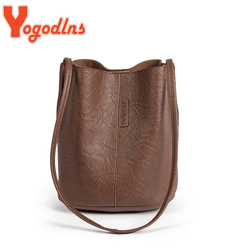 Yogodlns Vintage Shoulder Bag For Women PU Leather Bucket Bag Casual Handle Bag Large Capacity Brand Crossbody Bag Lady Handbag