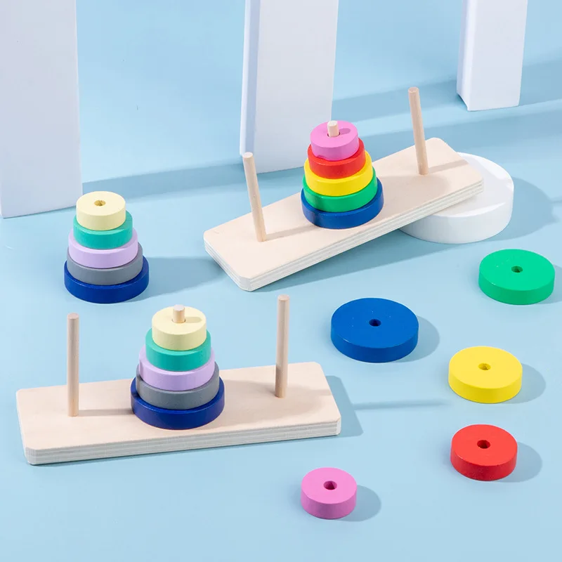 Learning Tower Mini Wooden Rainbow Puzzle Five Layers Hanoi Tower Children Educational Stacking Toys