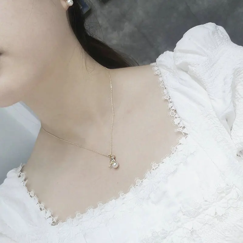 fashion personality luster natural pearl cute cat pendant necklace earring ring jewelry set Korean jewel