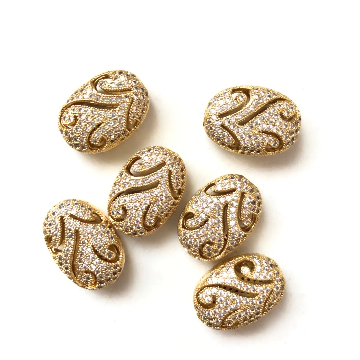 5pcs Zirconia Paved Hollow Oval Spacer Beads for Women Bracelet Girl Necklace Making Bling Gold-Plated Jewelry Finding Wholesale