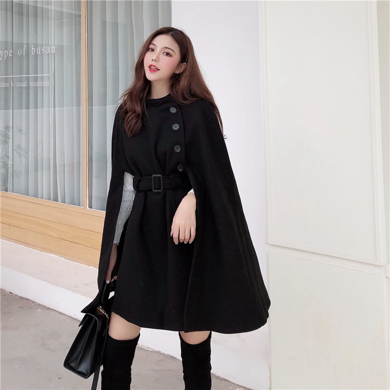 2024 Autumn High Quality Woolen Cloth Shawl Cape Poncho With Belt Women Mid-length Korean Sleeveless Casual Ladies Cape Coats