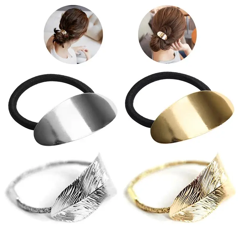 4Pcs/Set Alloy Hair Ties Fashion Leaf Decor Hair Elastics Ponytail Holder Hair Ropes For Girls Women Hair Accessories